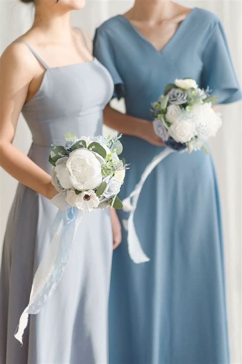 Maid Of Honor And Bridesmaid Bouquets In Romantic Dusty Blue Bridesmaid