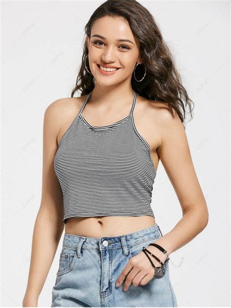 23 Off 2021 Halter Striped Crop Tank Top In Stripe Zaful