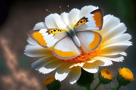 Flor Branca E Amarela Borboleta Laranja Abrindo Suas Asas Foto