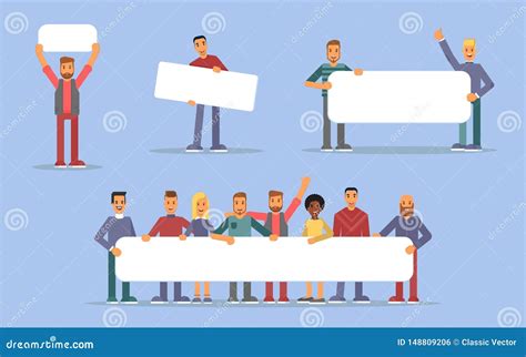 People Holding Placards Flat Illustrations Set Stock Vector