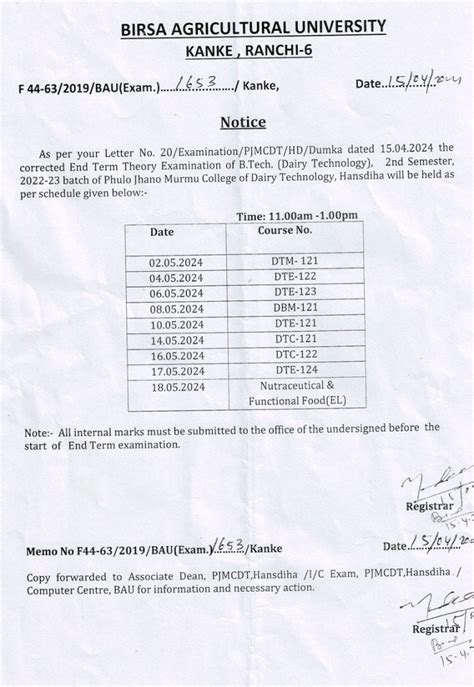 Revised Schedule Of End Term Theory Examination Of B Tech Dairy