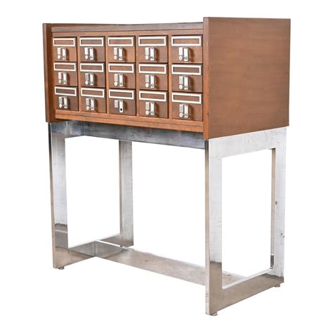 Mid Century Modern Walnut And Chrome 15 Drawer Library Card Catalog