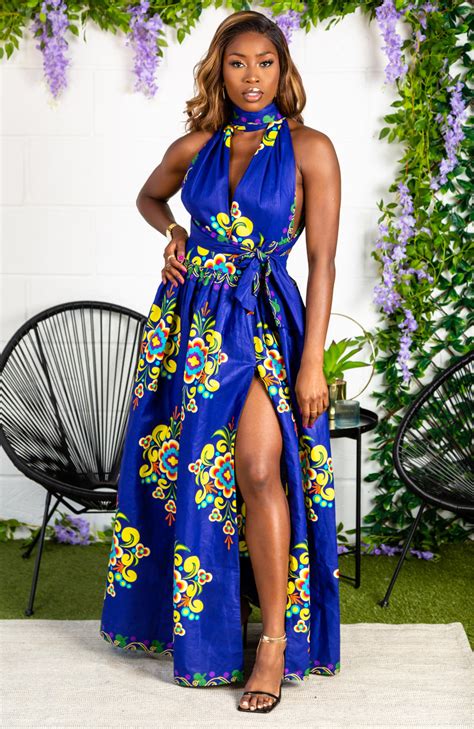 African Print Blue Infinity Multiway Maxi Dress Franca Laviye