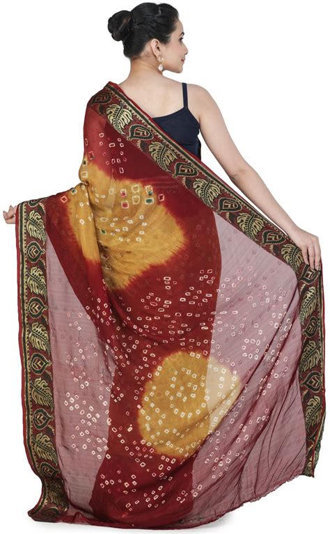 Wood Thrush Bandhani Saree From Rajasthan With Zari Weave On Border Exotic India Art