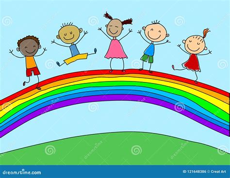 Rainbow Kids Stick Figure Cartoon | CartoonDealer.com #214609365