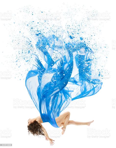 Woman Levitate In Art Dress Fashion Model Levitation Blue Artistic