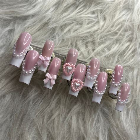 French Tip Press On Nails Coquette Nails With Bows Pearls And Heart