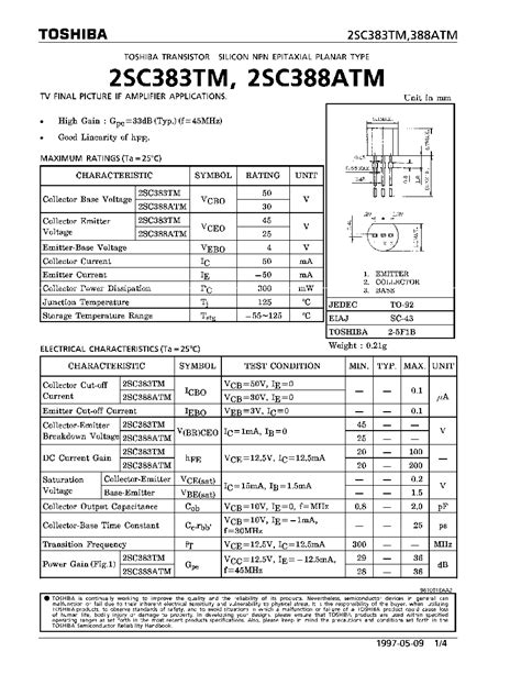 2SC383 Datasheet 1 4 Pages TOSHIBA NPN EPITAXIAL PLANAR TYPE TV