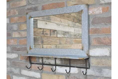 Industrial Galvanised Metal Wall Mounted Mirror With Shelf And Coat Hooks