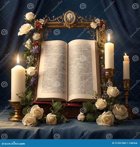 Illustration Of Christian Catholic Frame With Bible Flowers And Candle