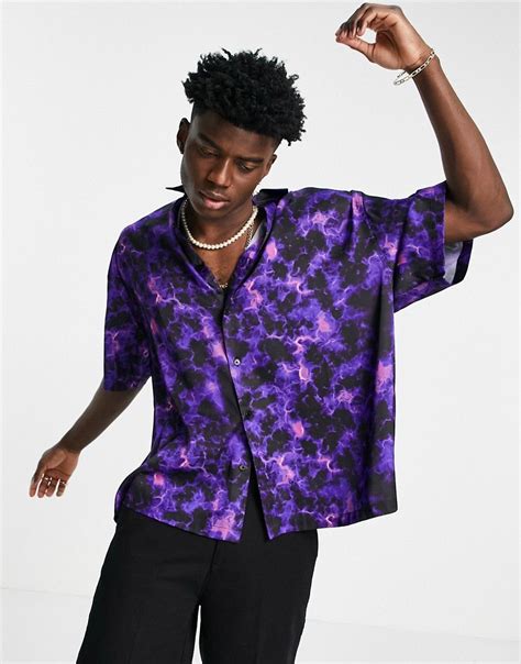 Asos Design Boxy Oversized Shirt With Lightening Effect Print In Satin