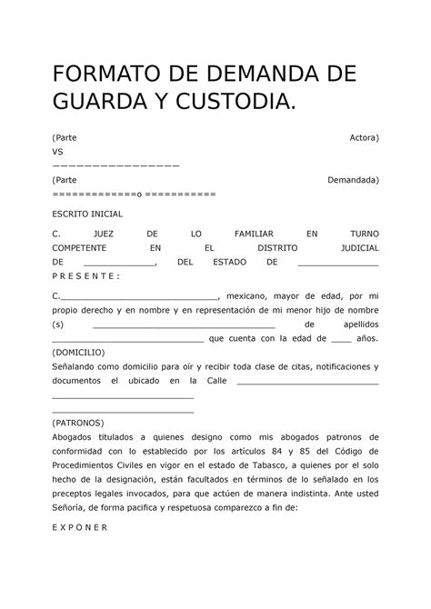 Formato De Guarda Y Custodia Formato De Demanda De Guarda Y Custodia