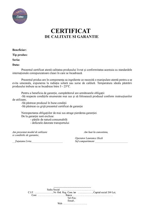 Anexa Model Certificat De Calitate Si Garantie Certificat De