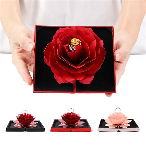 Hoomall 1pc Folding Rotating Rose Wedding Ring Box Jewelry Display Box