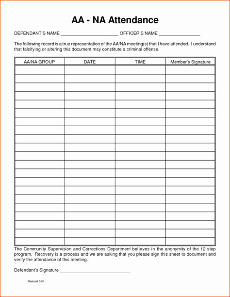 Aa Attendance Sheet Printable