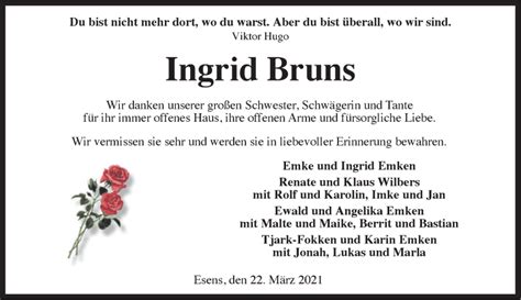 Traueranzeigen Von Ingrid Bruns Nordwest Trauer De