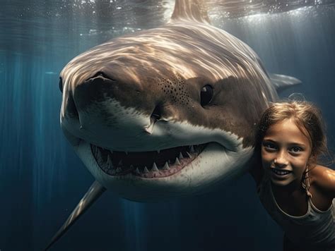 Premium AI Image | a girl smiling next to a shark