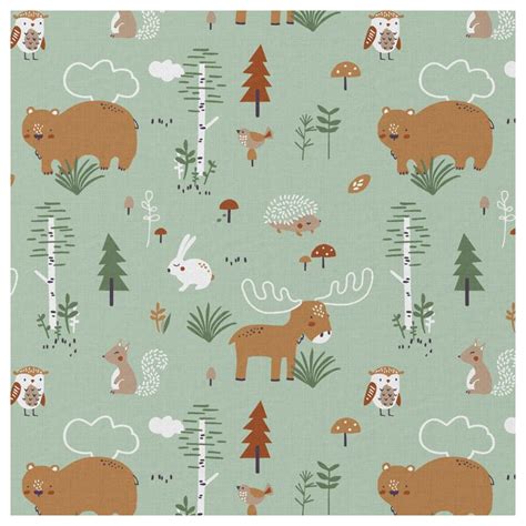 Tissu Cretonne Coton Canada Motif Animaux De La Foret Fond Amande