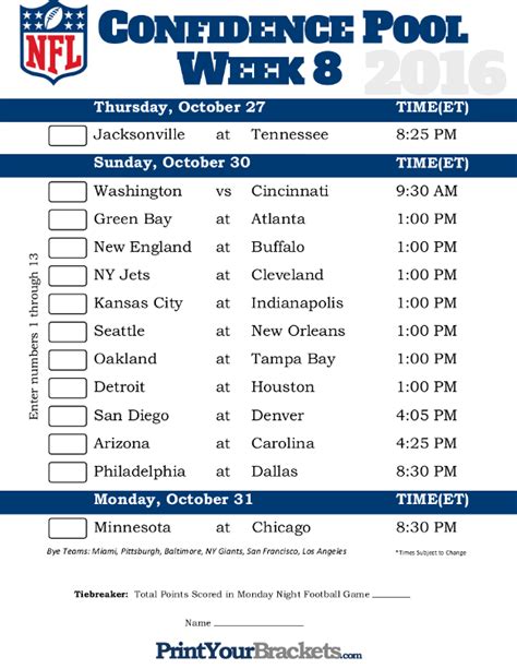 Nfl Week 8 Schedule Printable