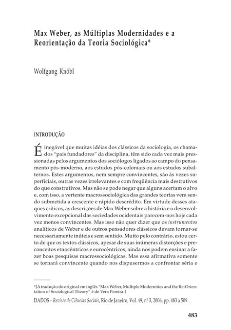 Pdf Max Weber As Múltiplas Modernidades E A Reorientação Da Teoria