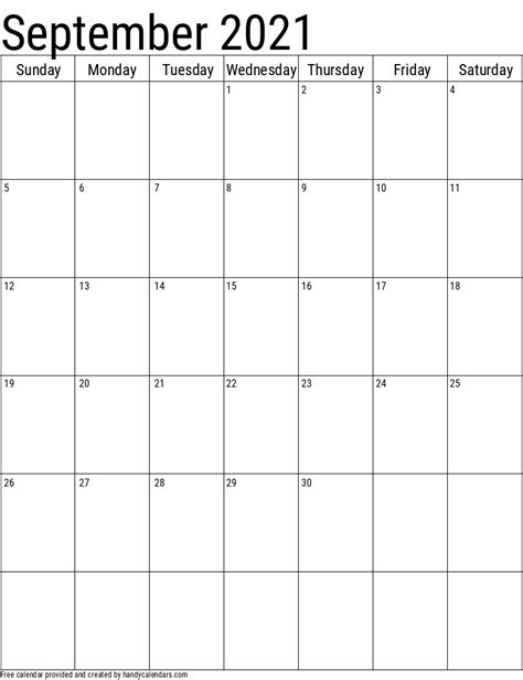 September 2021 Vertical Calendar - Handy Calendars