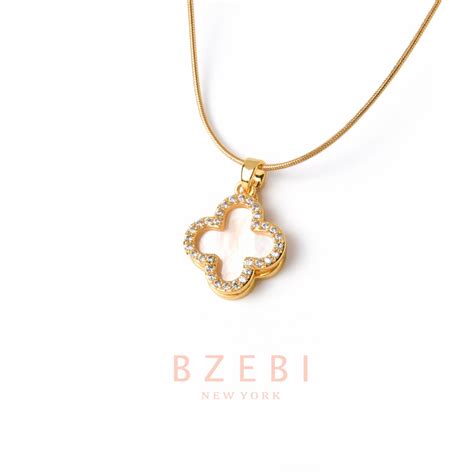 Bzebi K Gold Clover Necklace Four Leaf Diamond Pendant Emas Anti