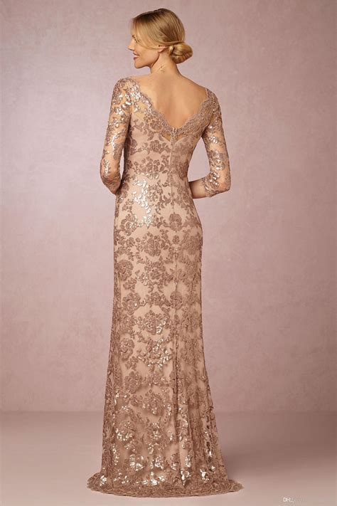 Long Sleeve Rose Gold Mother Of The Bride Dresses Bateau Neck