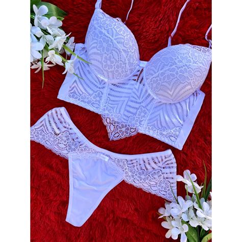 KIT 2 Lingerie Bojo Corpete Sutiã Calcinha Lingerie Fio Dental Sensual Renda Shopee Brasil