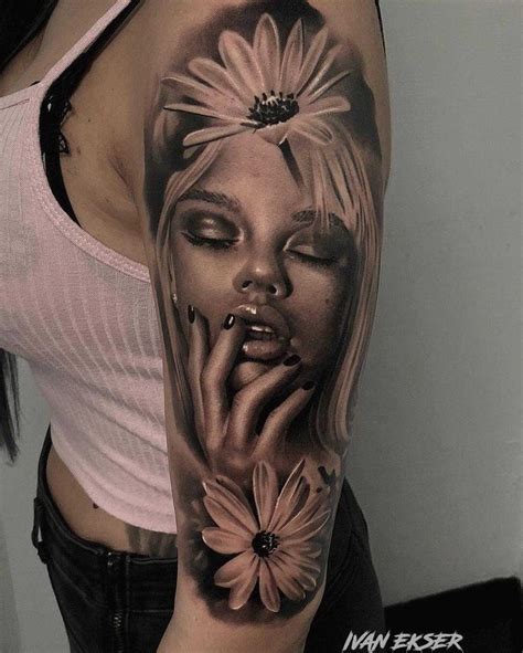 A Woman S Face With Flowers On Her Arm And The Words Instagramm Above It