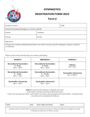 Fillable Online GYMNASTICS REGISTRATION FORM 2022 Term 2 Fax Email