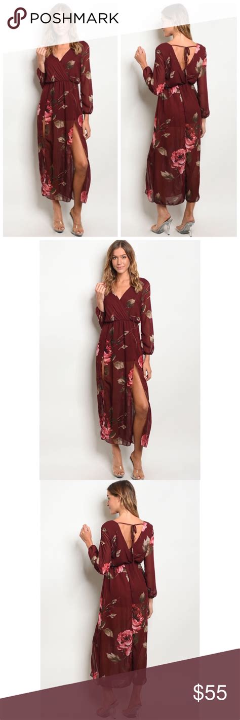 Burgundy Floral Maxi Dress Romper With Side Slits Floral Maxi Dress