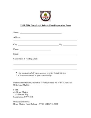 Fillable Online Sysl Entry Level Referee Class Registration Form