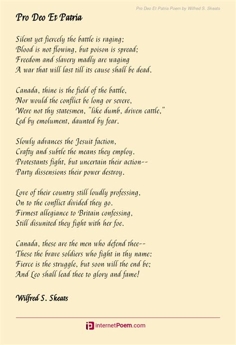 Pro Deo Et Patria Poem By Wilfred S Skeats