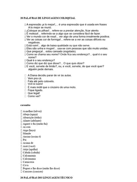 Palavras Coloquiais - 20 Palavras de Linguagem Coloquial e Técnica | PDF | Armazenamento de ...