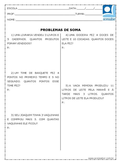 Problemas Simples De Matemática - Atividade de Matematica Problemas de Soma Simples 1 Ano e 2 Ano | PDF