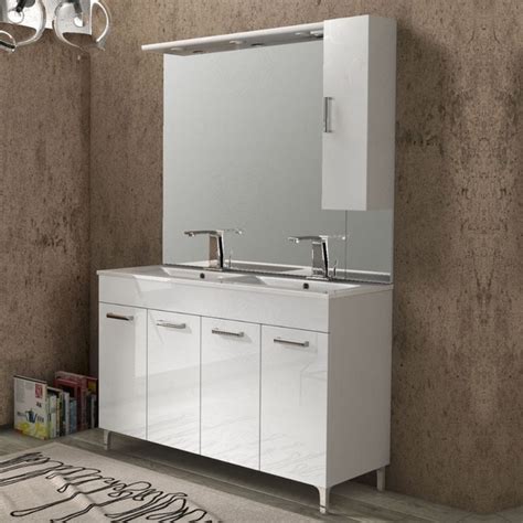 Mobile Bagno Sandy Con Doppio Lavabo 120 Cm 4 Ante Bianco Lucido Con