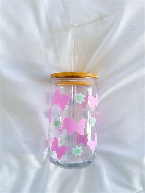 Butterfly Floral Glass Can Cup 16 Oz Iced Coffee Glass Etsy