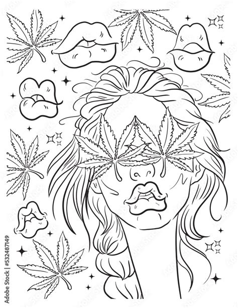 Beautiful Girl And Weed Leaf Coloring Page Vector Coloring For Adults Stock Vector Adobe Stock