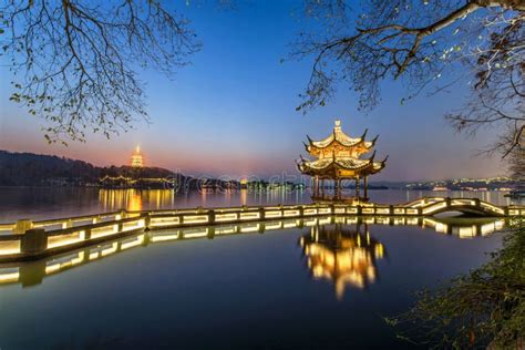 Beautiful Hangzhou In Sunset And Ancient Pavilion Stock Image Image