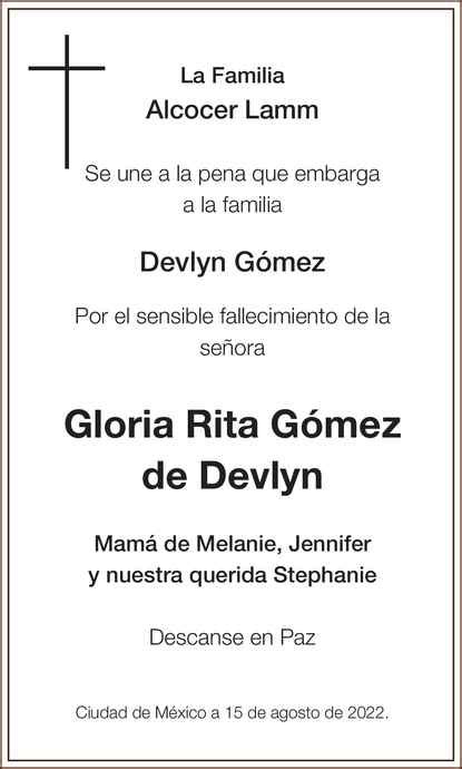 Señora Gloria Rita Gómez de Devlyn Obituario Esquela