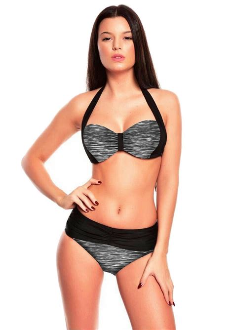 Z B Neckholder Damen Bikini Set Slip Schwarz Grau Meliert