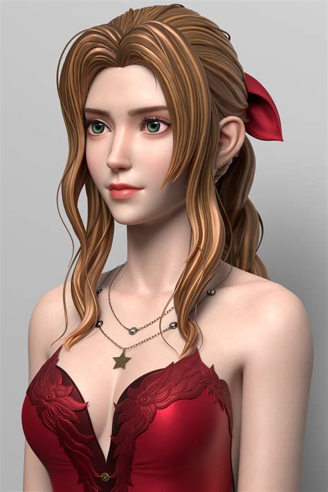 Women Brunette Long Hair Green Eyes Face Aerith Gainsborough