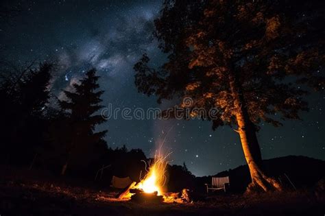 Campfire Surrounded By Silhouettes Of Trees Decorated With Sparkles Of