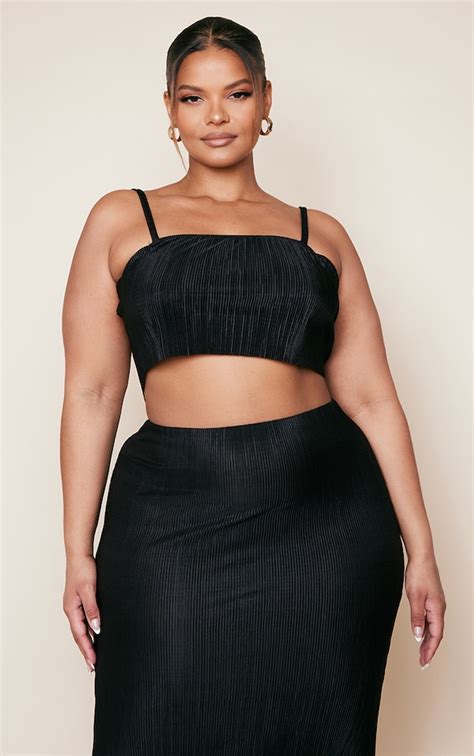 Plus Black Strappy Plisse Crop Top Plus Size Prettylittlething