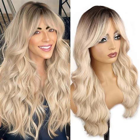 Long Blonde Highlight Wavy Wig Middle Part Ombre Blonde Wig With Bangs For Women