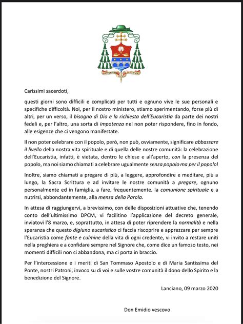 Lettera DellArcivescovo Ai Sacerdoti Della Chiesa Frentana Diocesi