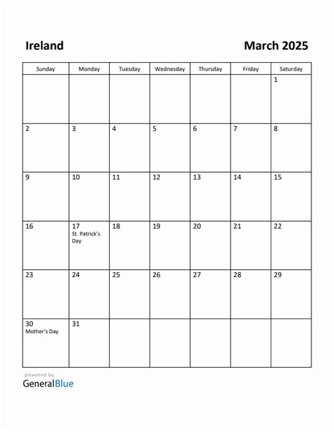 Free Printable March 2025 Calendar for Ireland