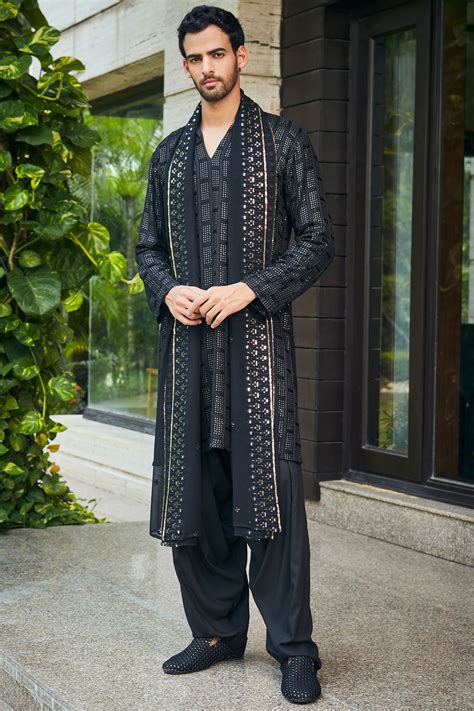 bohame men black georgette chikankari embroidered kurta set pernias