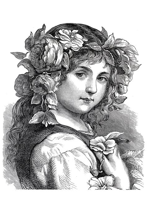 Engraving Flower Girl 1868 Art Adult Coloring Pages