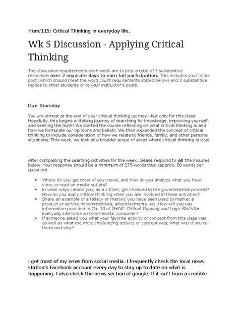 Wk 5 Discussion Applying Critical Thinking Hum 115 Critical